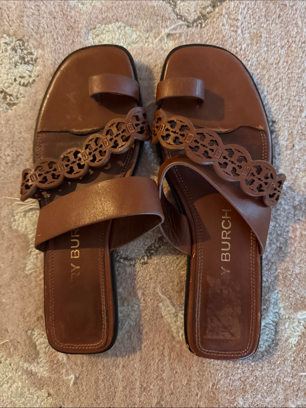 Tory Burch Cognac Leather Slide Sandals with Logo Cutout Strap